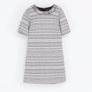 Zara Black & White Shift Dress Abstract Silver Beaded Jeweled Neckline